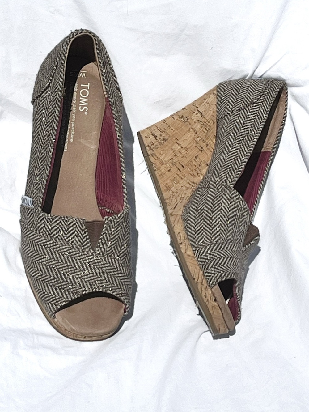TOMS Herringbone Tweed Cork Peep Toe Wedge Heels